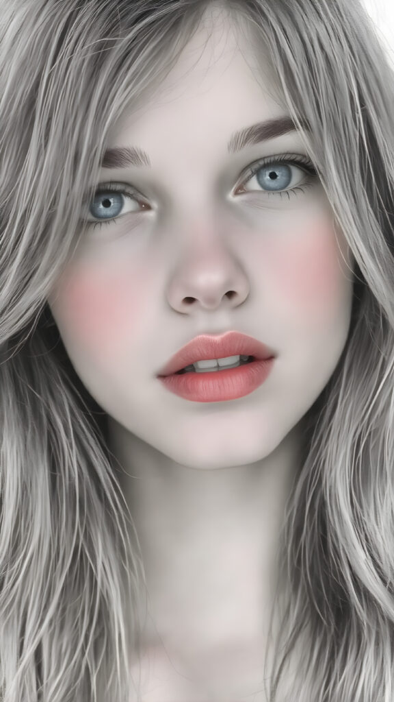 a black and white with detailed grayscales (fine charcoal drawing ((a centered portrait, full head, from a gentle young girl with flawless skin, long soft hair falls over her upper body, shiny beautiful blue eyes, small nose, (full plump red lips, only her lips are in colors), mouth slightly open with shining white teeth, round face, she looks seductively at the viewer, faint light falls on her face, perfect shadows, she has a perfectly shaped upper body)))