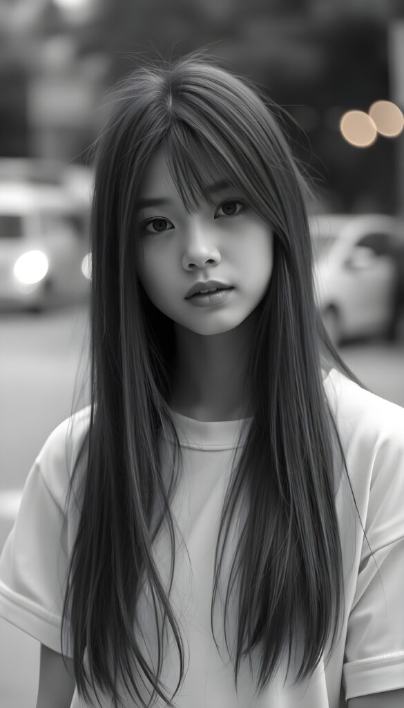 a black and white photo from a cute, young stunning girl with long straight open soft hair, she wears a plain smooth t-shirt in white.
