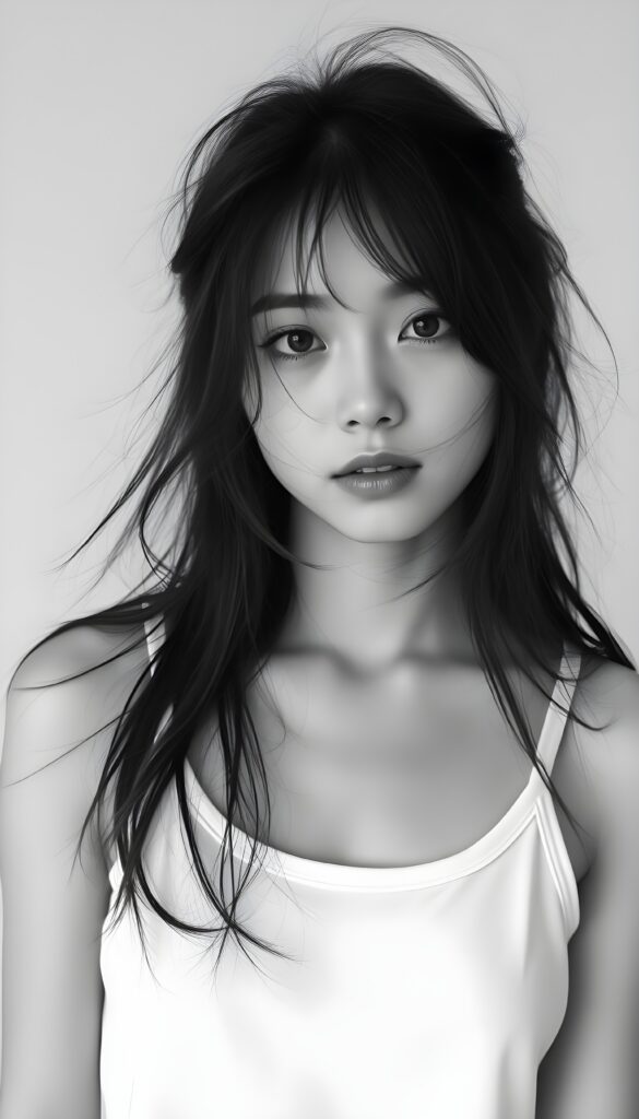 a black and white photo from a cute, young stunning Japanese girl with long open messy soft hair, strains of hair in her face, she wears a plain smooth tank top in white.