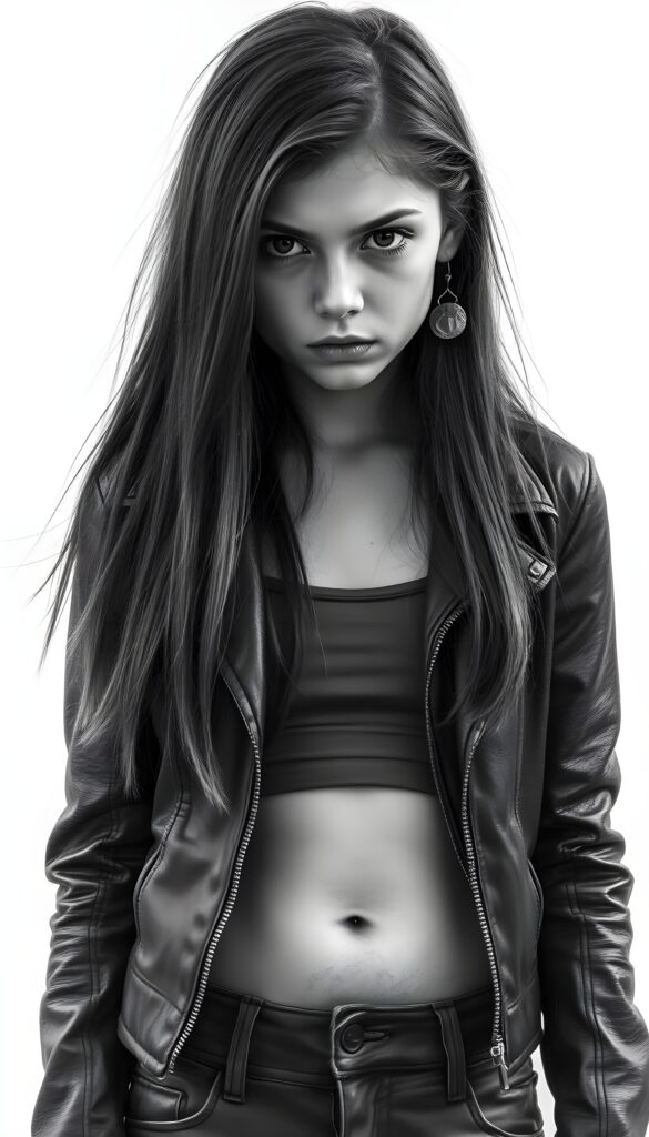a black and white realistic hand drawing from a young girl, long straight hair, full lips, dark round eyes, She is wearing an open leather jacket with a short, tight tank top underneath, round belly button, she looks very angry