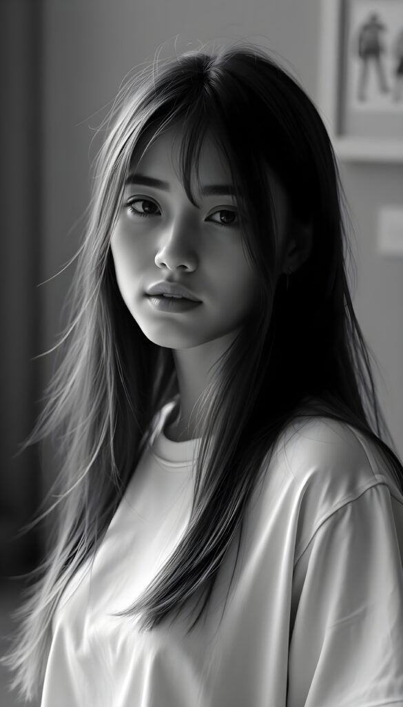 a black and white photo from a cute, young stunning girl with long straight open soft hair, she wears a plain smooth t-shirt in white.