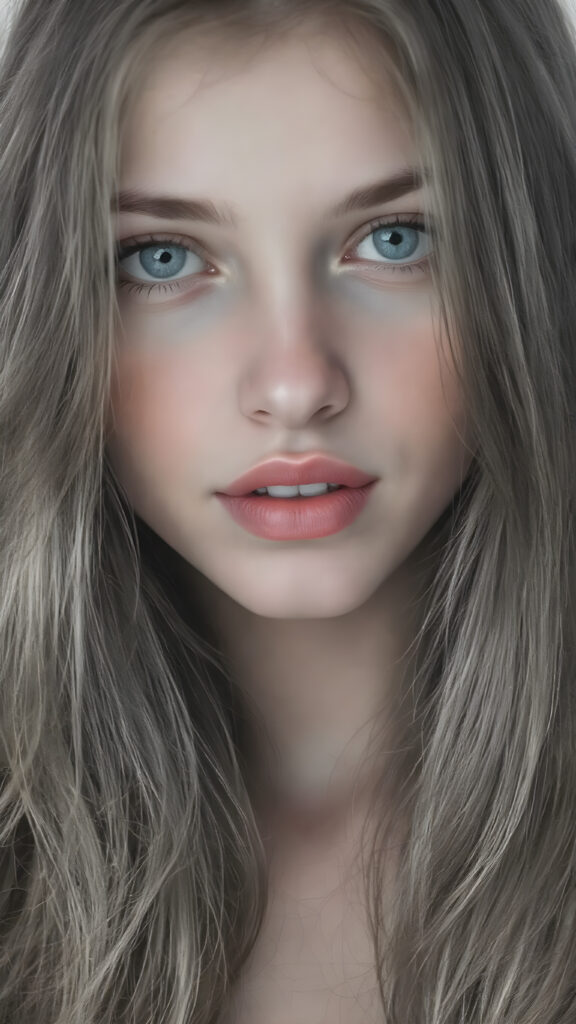 a black and white with detailed grayscales (fine charcoal drawing ((a centered portrait, full head, from a gentle young girl with flawless skin, long soft hair falls over her upper body, shiny beautiful blue eyes, small nose, (full plump red lips, only her lips are in colors), mouth slightly open with shining white teeth, round face, she looks seductively at the viewer, faint light falls on her face, perfect shadows, she has a perfectly shaped upper body)))