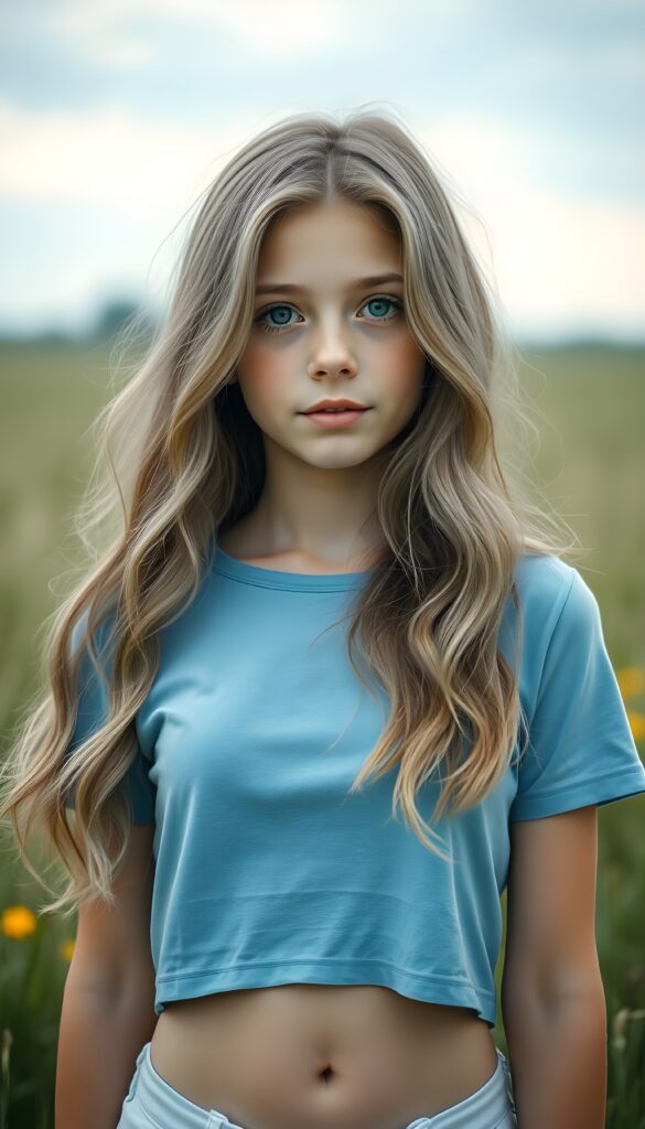 a (((breathtakingly realistic upper-body photo))) capturing a (((young cute petite teenage girl))) wearing a (((light blue plain cropped t-shirt))), with long, soft, ash-gray wavy hair in the same length left and right and a (serene meadow as the backdrop). She has beautiful blue eyes. She shows off her small, cute, round belly button.