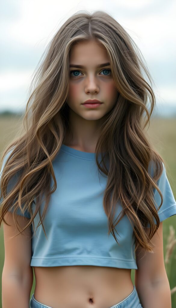 a (((breathtakingly realistic upper-body photo))) capturing a (((young cute petite teenage girl))) wearing a (((light blue plain cropped t-shirt))), with long, soft, ash-gray wavy hair in the same length left and right and a (serene meadow as the backdrop). She has beautiful blue eyes. She shows off her small, cute, round belly button.