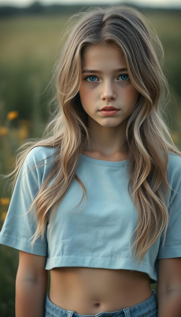 a (((breathtakingly realistic upper-body photo))) capturing a (((young cute petite teenage girl))) wearing a (((light blue plain cropped t-shirt))), with long, soft, ash-gray wavy hair in the same length left and right and a (serene meadow as the backdrop). She has beautiful blue eyes. She shows off her small, cute, round belly button.