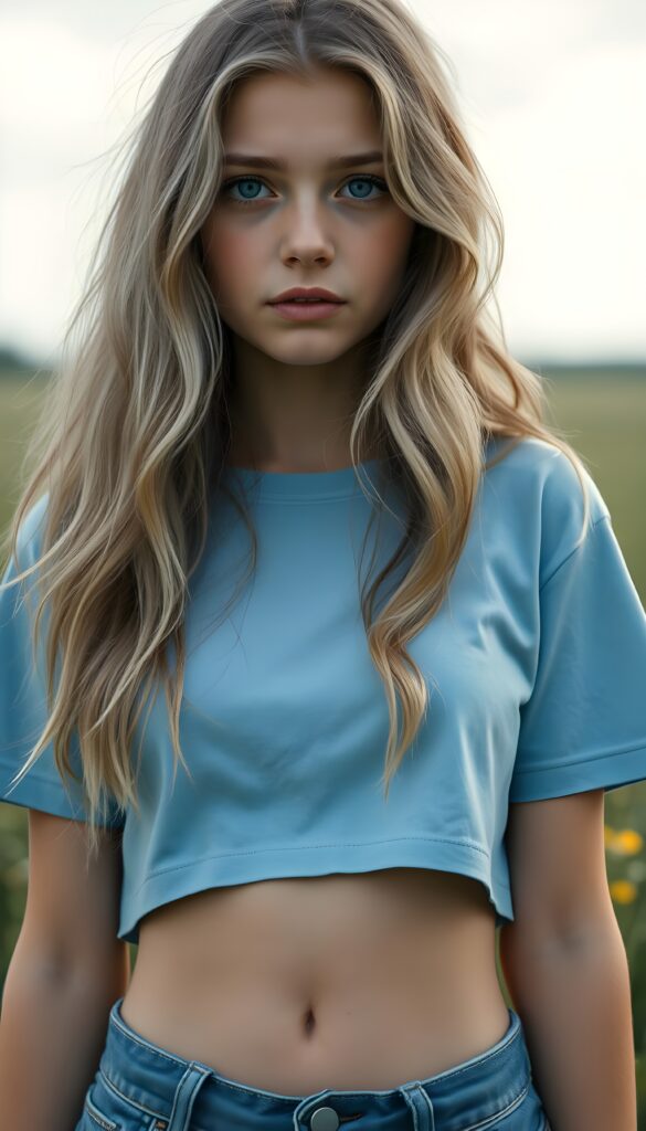 a (((breathtakingly realistic upper-body photo))) capturing a (((young cute petite teenage girl))) wearing a (((light blue plain cropped t-shirt))), with long, soft, ash-gray wavy hair in the same length left and right and a (serene meadow as the backdrop). She has beautiful blue eyes. She shows off her small, cute, round belly button.