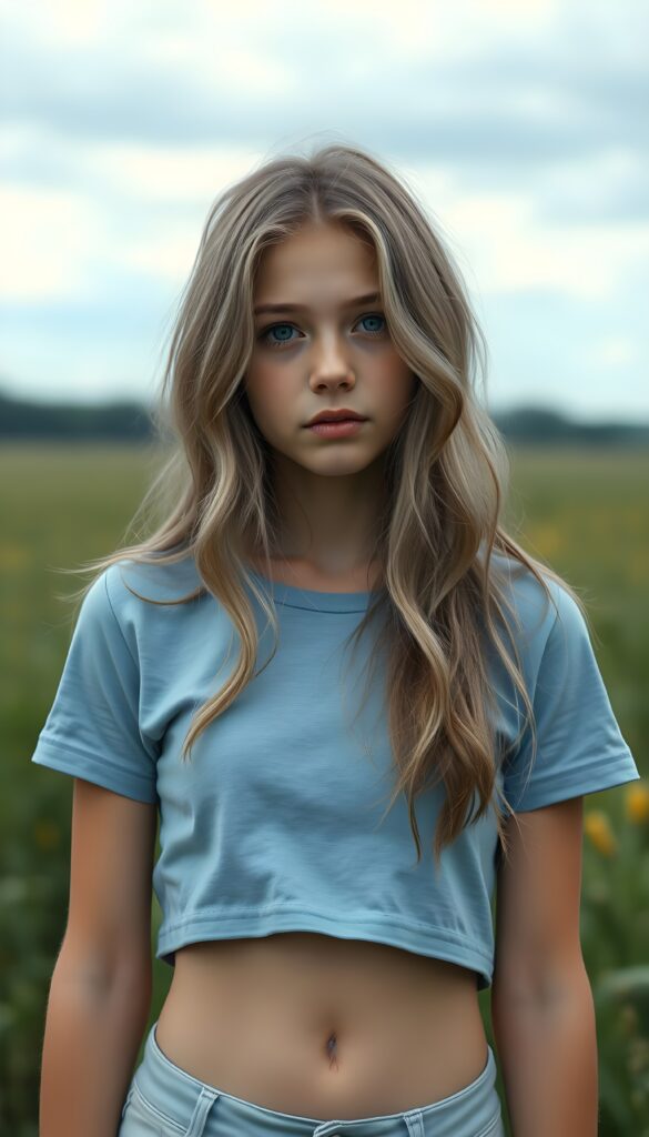 a (((breathtakingly realistic upper-body photo))) capturing a (((young cute petite teenage girl))) wearing a (((light blue plain cropped t-shirt))), with long, soft, ash-gray wavy hair in the same length left and right and a (serene meadow as the backdrop). She has beautiful blue eyes. She shows off her small, cute, round belly button.