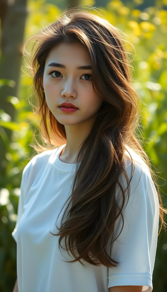 a breathtaking scene featuring a gorgeous and stunning girl with cascading wavy hair in the same lenght, long white t-shirt, sunny green backdrop, detailed face, hair and eyes