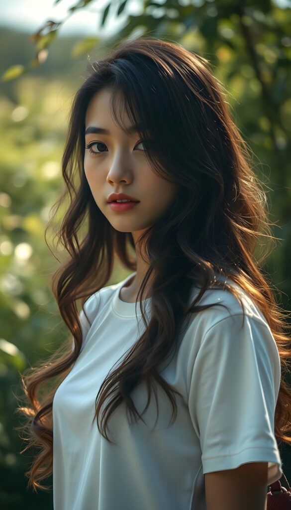 a breathtaking scene featuring a gorgeous and stunning girl with cascading wavy hair in the same lenght, long white t-shirt, sunny green backdrop, detailed face, hair and eyes