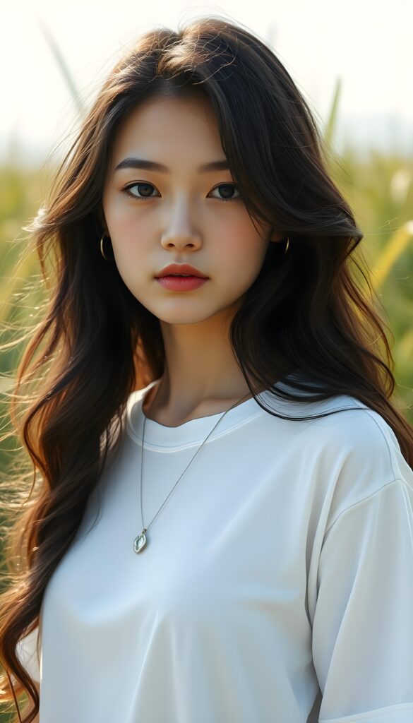 a breathtaking scene featuring a gorgeous and stunning girl with cascading wavy hair in the same lenght, long white t-shirt, sunny green backdrop, detailed face, hair and eyes