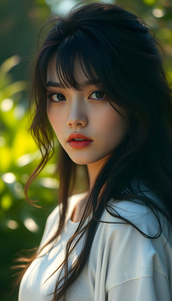 a breathtaking scene featuring a gorgeous and stunning girl with cascading wavy hair in the same lenght, long white t-shirt, sunny green backdrop, detailed face, hair and eyes