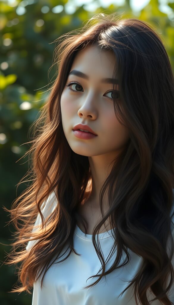 a breathtaking scene featuring a gorgeous and stunning girl with cascading wavy hair in the same lenght, long white t-shirt, sunny green backdrop, detailed face, hair and eyes