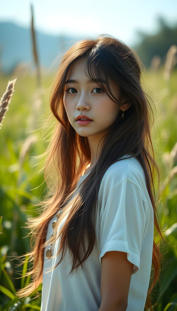 a breathtaking scene featuring a gorgeous and stunning girl with cascading wavy hair in the same lenght, long white t-shirt, sunny green backdrop, detailed face, hair and eyes