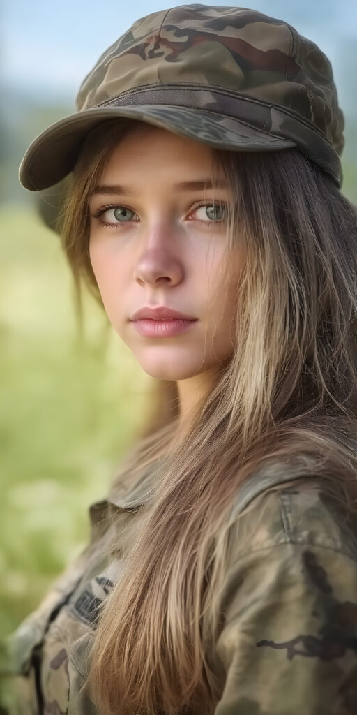 a breathtakingly beautiful (((portrait))), showcasing a young army girl in camouflage, long straight hair, exudes an air of playful imagination and creativity, perfectly capturing the essence of a dreamlike beauty. Full body view all against a sunny green backdrop in nature