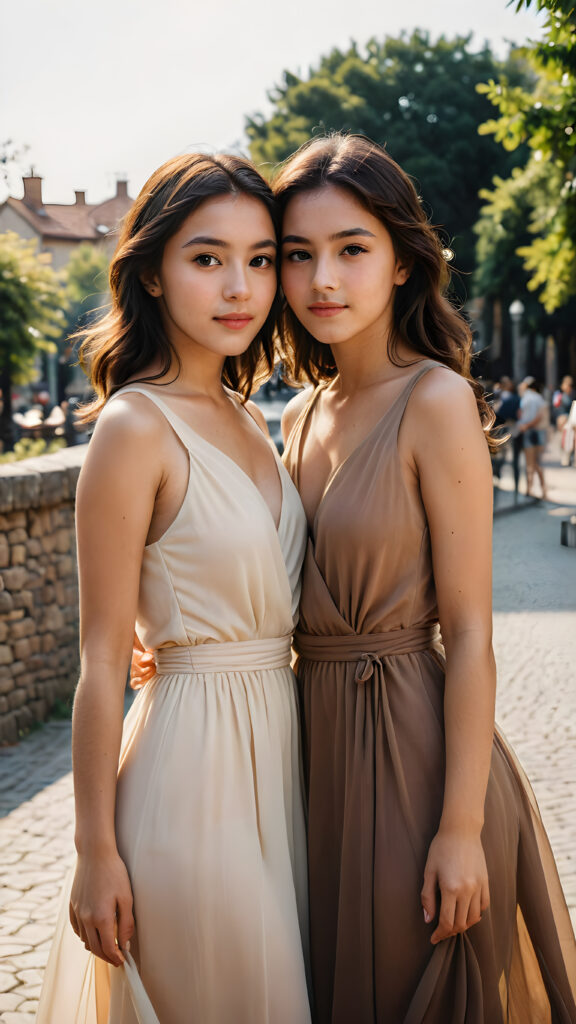a breathtakingly poised group of two effortlessly confident young women, with striking brown eyes that draw the viewer in, standing side by side with their arms wrapped around each other's waists, dressed in flowing, Simple chiffon dresses in rich, sun-kissed hues against a (vividly backdrop)
