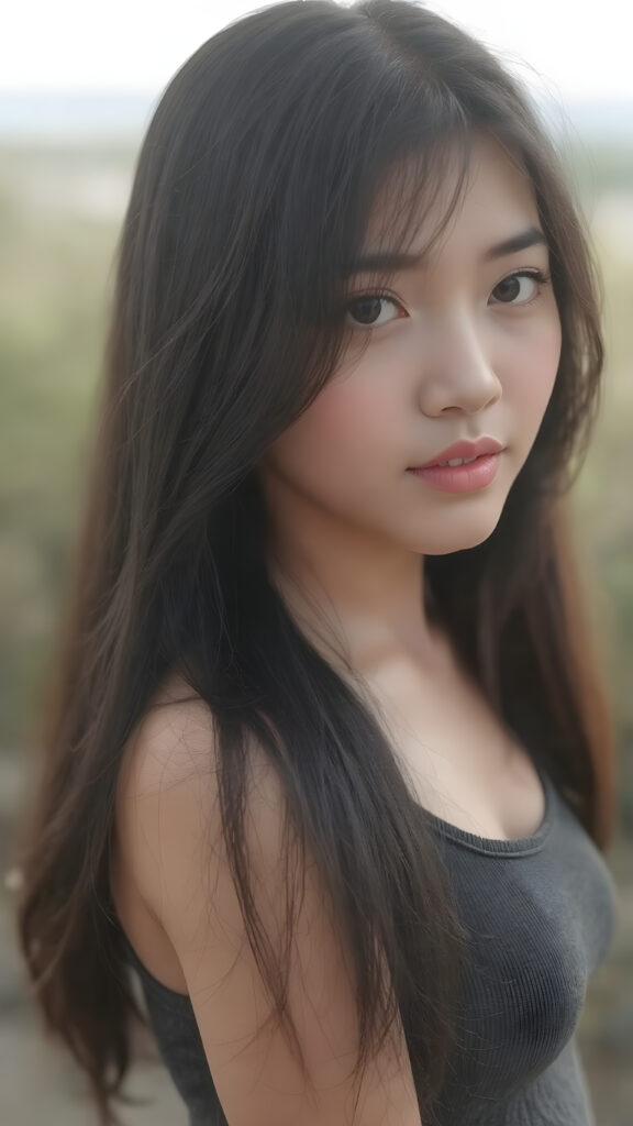 a breathtakingly realistic and detailed portrayal of a cute (((Vietnamese teenage girl))), flawlessly smooth skin, with intricate details and exquisite features, her (((long silky smooth straight black soft hair, her hair reaches down to her waist))) is luxuriously detailed, reflecting soft dimmed light, around her (round face and kissable lips) with its (perfectly rounded contours) and (detailed, amber eyes), she wears a (super short tight crop tank top) that showcases her (flawlessly proportioned upper body), (natural backdrop) ((side view))