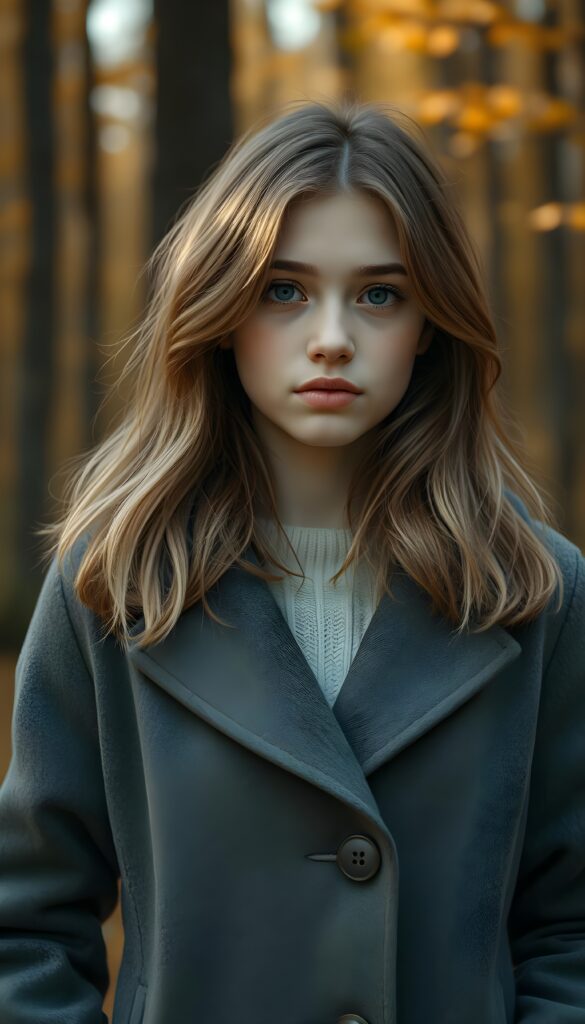 a breathtakingly beautiful natural (((teen girl))) with warm brown eyes and luxuriously thick (((blond and brown soft hair, shoulder-length hair))), full lips, ((wears a grey winter coat and stands in an autumnal forest))