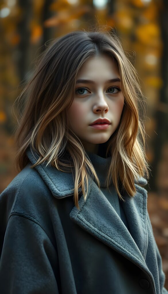 a breathtakingly beautiful natural (((teen girl))) with warm brown eyes and luxuriously thick (((blond and brown soft hair, shoulder-length hair))), full lips, ((wears a grey winter coat and stands in an autumnal forest))