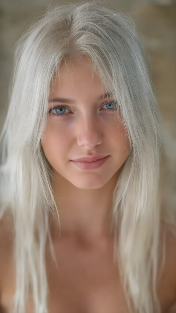 a breathtakingly beautiful (((full body shot))) of a young adult girl, age 18, with luxuriantly flowing, straight, soft white hair framing her exquisite face, gazing joyfully at the viewer. Her figure is strikingly poised, exuding an air of youthful vitality