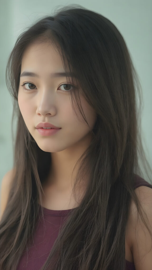 a breathtakingly realistic and detailed portrayal of a cute (((Vietnamese teenage girl))), flawlessly smooth skin, with intricate details and exquisite features, her (((long silky smooth straight black soft hair, her hair reaches down to her waist))) is luxuriously detailed, reflecting soft dimmed light, around her (round face and kissable lips) with its (perfectly rounded contours) and (detailed, amber eyes), she wears a (super short tight crop tank top) that showcases her (flawlessly proportioned upper body), (natural backdrop) ((side view))