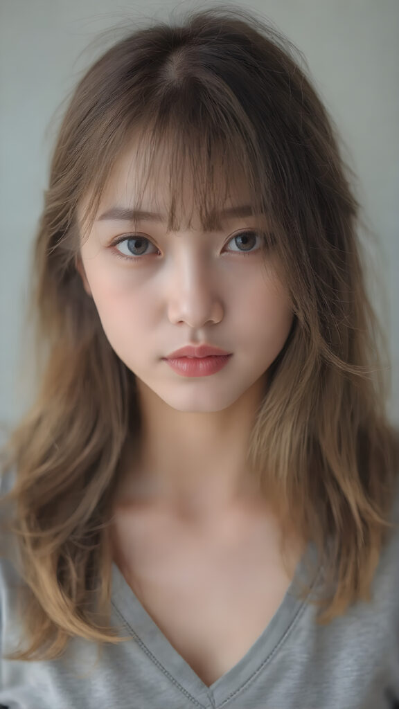 a breathtakingly beautiful (((full body portrait))), showcasing a young Japanese girl with luxuriously long, flowing shiny hair, framing her face as she gazes into the camera, their ethereal tips creating a whimsical pop of color contrast to her overall look. She's dressed in a (((grey t-shirt, deep v-neck))), which add a hint of warmth and glamour to her ensemble, the lady exudes an air of playful imagination and creativity, perfectly capturing the essence of a dreamlike beauty. Full body view.
