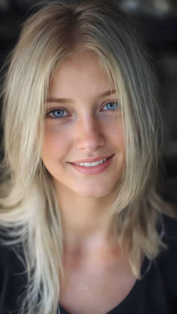 a breathtakingly beautiful (((full body shot))) of a young adult girl, age 18, with luxuriantly flowing, straight, soft white hair framing her exquisite face, gazing joyfully at the viewer. Her figure is strikingly poised, exuding an air of youthful vitality