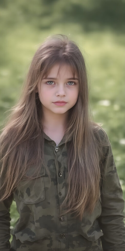 a breathtakingly beautiful (((portrait))), showcasing a young army girl in camouflage, long straight hair, exudes an air of playful imagination and creativity, perfectly capturing the essence of a dreamlike beauty. Full body view all against a sunny green backdrop in nature