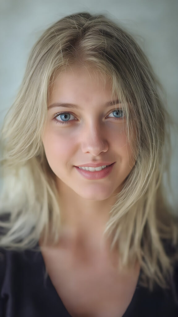 a breathtakingly beautiful (((full body shot))) of a young adult girl, age 18, with luxuriantly flowing, straight, soft white hair framing her exquisite face, gazing joyfully at the viewer. Her figure is strikingly poised, exuding an air of youthful vitality