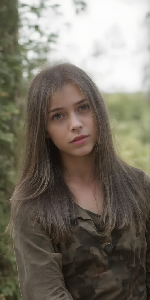 a breathtakingly beautiful (((portrait))), showcasing a young army girl in camouflage, long straight hair, exudes an air of playful imagination and creativity, perfectly capturing the essence of a dreamlike beauty. Full body view all against a sunny green backdrop in nature