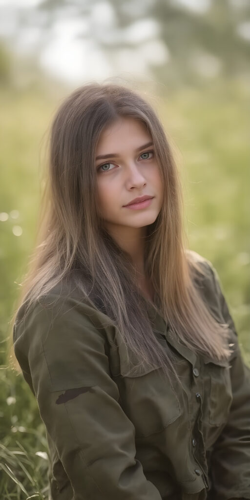 a breathtakingly beautiful (((portrait))), showcasing a young army girl in camouflage, long straight hair, exudes an air of playful imagination and creativity, perfectly capturing the essence of a dreamlike beauty. Full body view all against a sunny green backdrop in nature