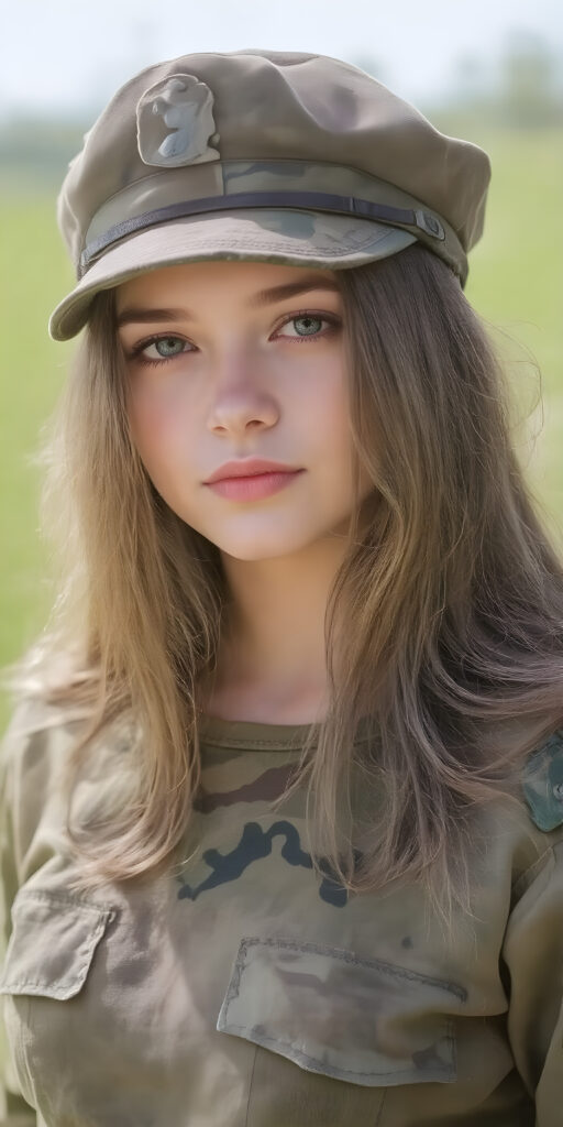 a breathtakingly beautiful (((portrait))), showcasing a young army girl in camouflage, long straight hair, exudes an air of playful imagination and creativity, perfectly capturing the essence of a dreamlike beauty. Full body view all against a sunny green backdrop in nature
