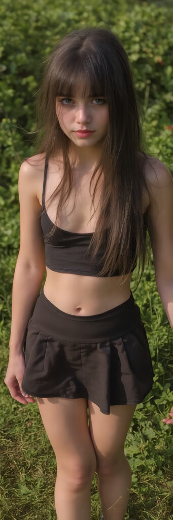 a breathtakingly beautiful, showcasing a young gothic girl, she is short, dark dressed, long straight hair, the girl exudes an air of playful imagination and creativity, perfectly capturing the essence of a dreamlike beauty, ((full body view)) all against a sunny green backdrop in nature