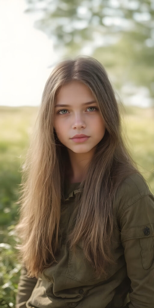 a breathtakingly beautiful (((portrait))), showcasing a young army girl in camouflage, long straight hair, exudes an air of playful imagination and creativity, perfectly capturing the essence of a dreamlike beauty. Full body view all against a sunny green backdrop in nature