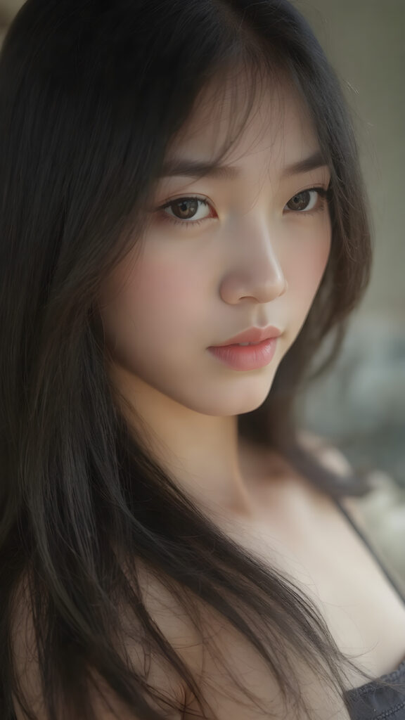 a breathtakingly realistic and detailed portrayal of a cute (((Vietnamese teenage girl))), flawlessly smooth skin, with intricate details and exquisite features, her (((long silky smooth straight black soft hair, her hair reaches down to her waist))) is luxuriously detailed, reflecting soft dimmed light, around her (round face and kissable lips) with its (perfectly rounded contours) and (detailed, amber eyes), she wears a (super short tight crop tank top) that showcases her (flawlessly proportioned upper body), (natural backdrop) ((side view))