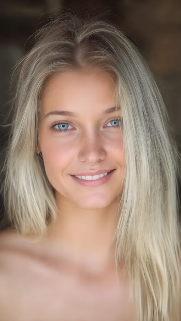 a breathtakingly beautiful (((full body shot))) of a young adult girl, age 18, with luxuriantly flowing, straight, soft white hair framing her exquisite face, gazing joyfully at the viewer. Her figure is strikingly poised, exuding an air of youthful vitality