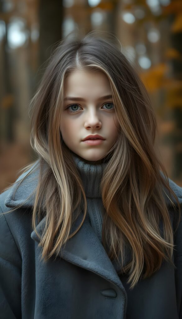 a breathtakingly beautiful natural (((teen girl))) with warm brown eyes and luxuriously thick (((blond and brown soft hair, shoulder-length hair))), full lips, ((wears a grey winter coat and stands in an autumnal forest))