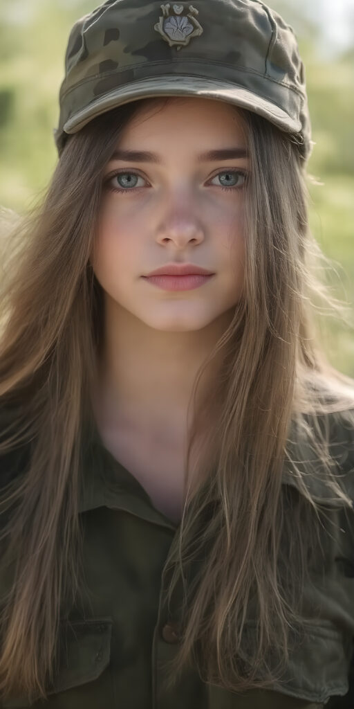 a breathtakingly beautiful (((portrait))), showcasing a young army girl in camouflage, long straight hair, exudes an air of playful imagination and creativity, perfectly capturing the essence of a dreamlike beauty. Full body view all against a sunny green backdrop in nature