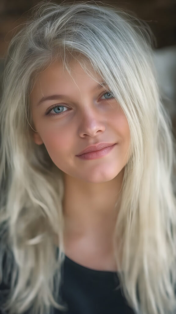 a breathtakingly beautiful (((full body shot))) of a young adult girl, age 18, with luxuriantly flowing, straight, soft white hair framing her exquisite face, gazing joyfully at the viewer. Her figure is strikingly poised, exuding an air of youthful vitality