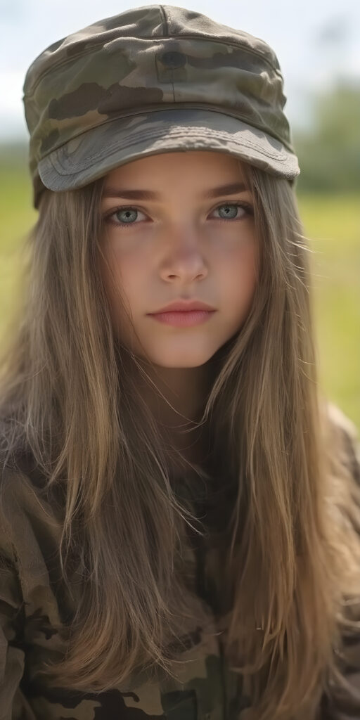 a breathtakingly beautiful (((portrait))), showcasing a young army girl in camouflage, long straight hair, exudes an air of playful imagination and creativity, perfectly capturing the essence of a dreamlike beauty. Full body view all against a sunny green backdrop in nature