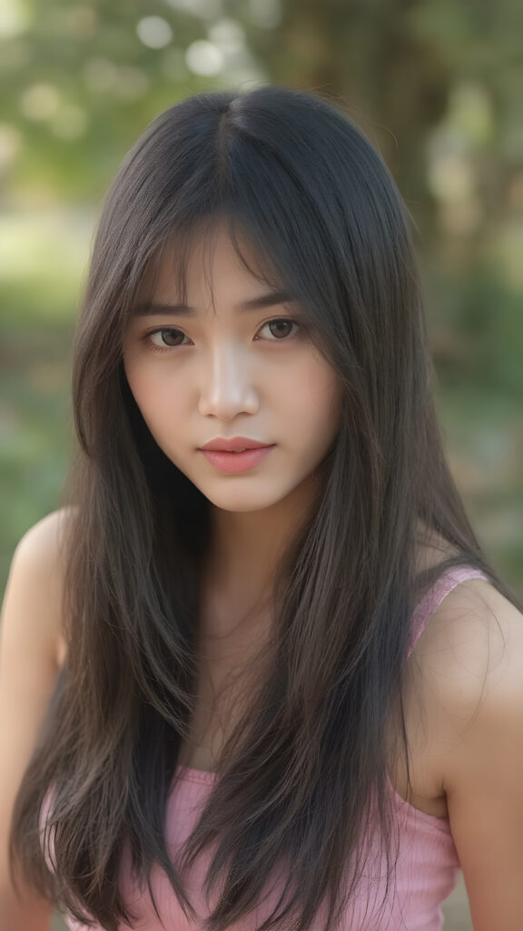 a breathtakingly realistic and detailed portrayal of a cute (((Vietnamese teenage girl))), flawlessly smooth skin, with intricate details and exquisite features, her (((long silky smooth straight black soft hair, her hair reaches down to her waist))) is luxuriously detailed, reflecting soft dimmed light, around her (round face and kissable lips) with its (perfectly rounded contours) and (detailed, amber eyes), she wears a (super short tight crop tank top) that showcases her (flawlessly proportioned upper body), (natural backdrop) ((side view))