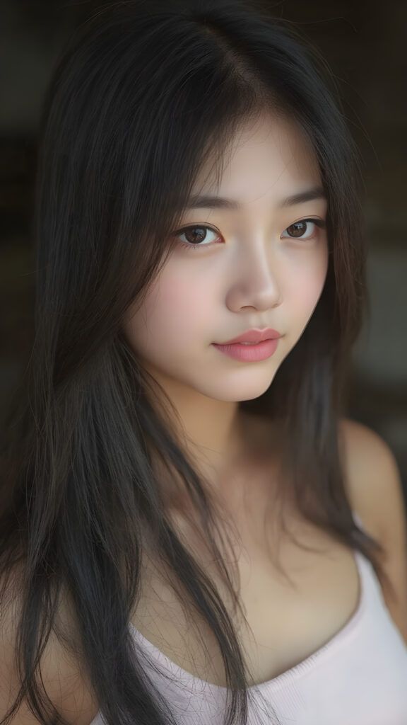 a breathtakingly realistic and detailed portrayal of a cute (((Vietnamese teenage girl))), flawlessly smooth skin, with intricate details and exquisite features, her (((long silky smooth straight black soft hair, her hair reaches down to her waist))) is luxuriously detailed, reflecting soft dimmed light, around her (round face and kissable lips) with its (perfectly rounded contours) and (detailed, amber eyes), she wears a (super short tight crop tank top) that showcases her (flawlessly proportioned upper body), (natural backdrop) ((side view))