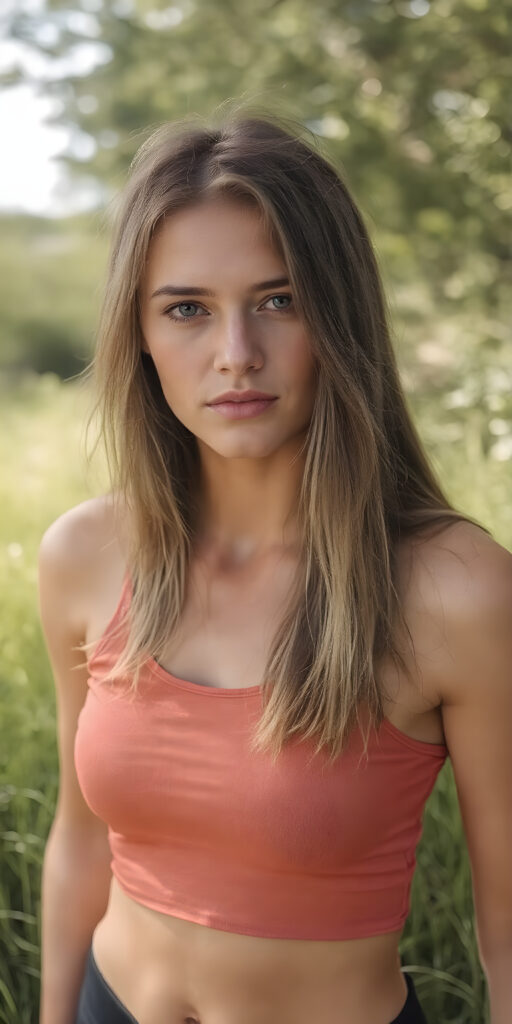 a breathtakingly beautiful (((full body portrait))), showcasing a young athletic woman, long straight hair, the woman exudes an air of playful imagination and creativity, perfectly capturing the essence of a dreamlike beauty. Full body view all against a sunny green backdrop in nature