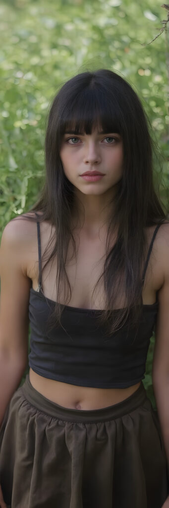 a breathtakingly beautiful, showcasing a young gothic girl, she is short, dark dressed, long straight hair, the girl exudes an air of playful imagination and creativity, perfectly capturing the essence of a dreamlike beauty, ((full body view)) all against a sunny green backdrop in nature