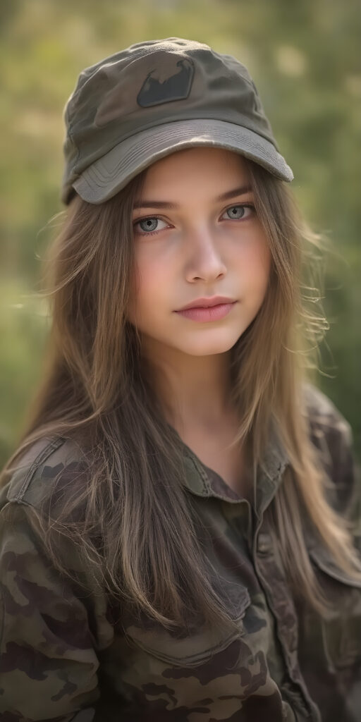 a breathtakingly beautiful (((portrait))), showcasing a young army girl in camouflage, long straight hair, exudes an air of playful imagination and creativity, perfectly capturing the essence of a dreamlike beauty. Full body view all against a sunny green backdrop in nature