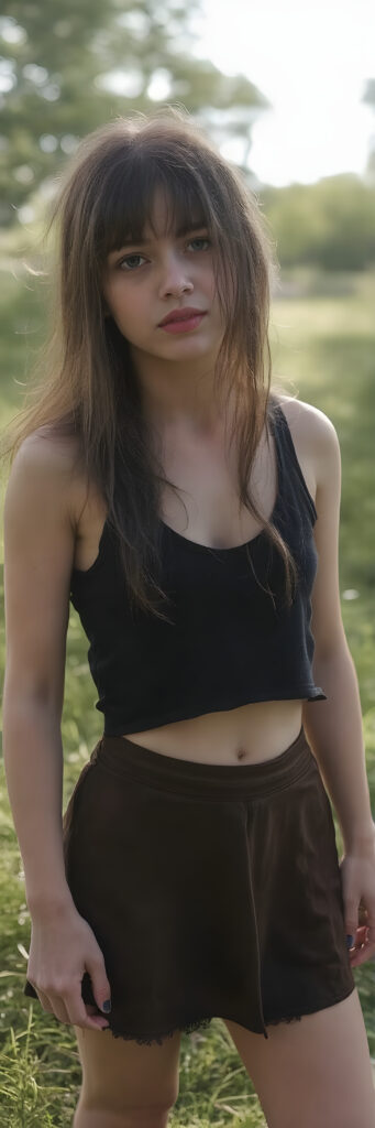 a breathtakingly beautiful, showcasing a young gothic girl, she is short, dark dressed, long straight hair, the girl exudes an air of playful imagination and creativity, perfectly capturing the essence of a dreamlike beauty, ((full body view)) all against a sunny green backdrop in nature