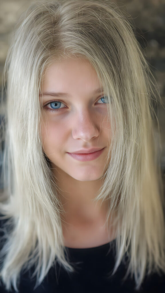 a breathtakingly beautiful (((full body shot))) of a young adult girl, age 18, with luxuriantly flowing, straight, soft white hair framing her exquisite face, gazing joyfully at the viewer. Her figure is strikingly poised, exuding an air of youthful vitality