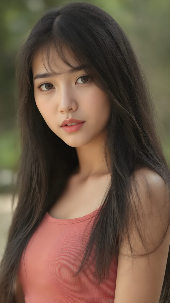 a breathtakingly realistic and detailed portrayal of a cute (((Vietnamese teenage girl))), flawlessly smooth skin, with intricate details and exquisite features, her (((long silky smooth straight black soft hair, her hair reaches down to her waist))) is luxuriously detailed, reflecting soft dimmed light, around her (round face and kissable lips) with its (perfectly rounded contours) and (detailed, amber eyes), she wears a (super short tight crop tank top) that showcases her (flawlessly proportioned upper body), (natural backdrop) ((side view))