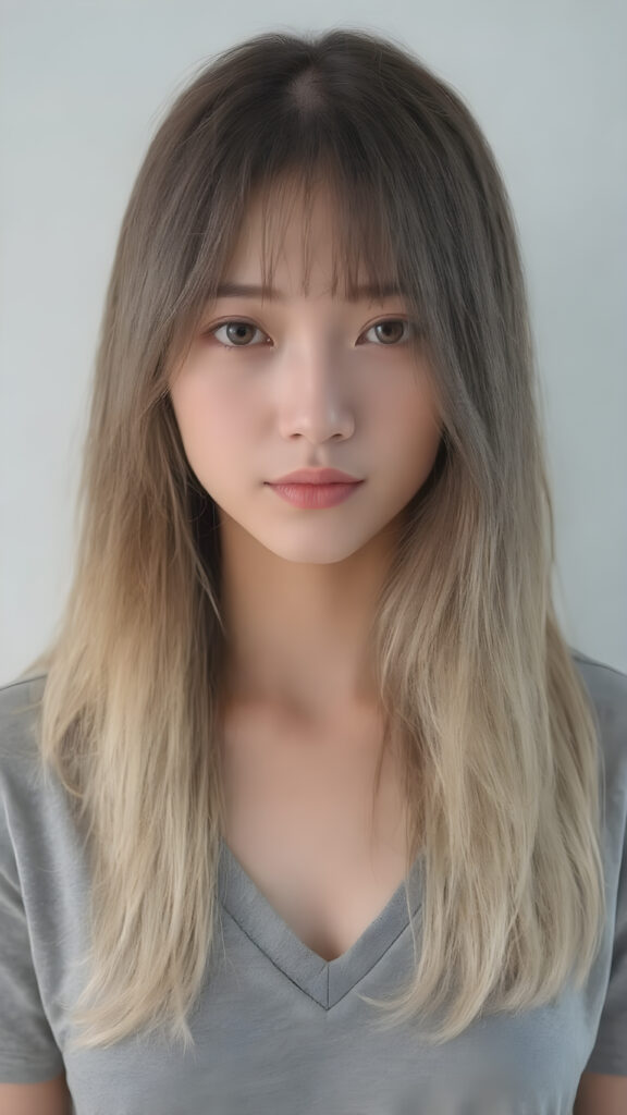 a breathtakingly beautiful (((full body portrait))), showcasing a young Japanese girl with luxuriously long, flowing shiny hair, framing her face as she gazes into the camera, their ethereal tips creating a whimsical pop of color contrast to her overall look. She's dressed in a (((grey t-shirt, deep v-neck))), which add a hint of warmth and glamour to her ensemble, the lady exudes an air of playful imagination and creativity, perfectly capturing the essence of a dreamlike beauty. Full body view.
