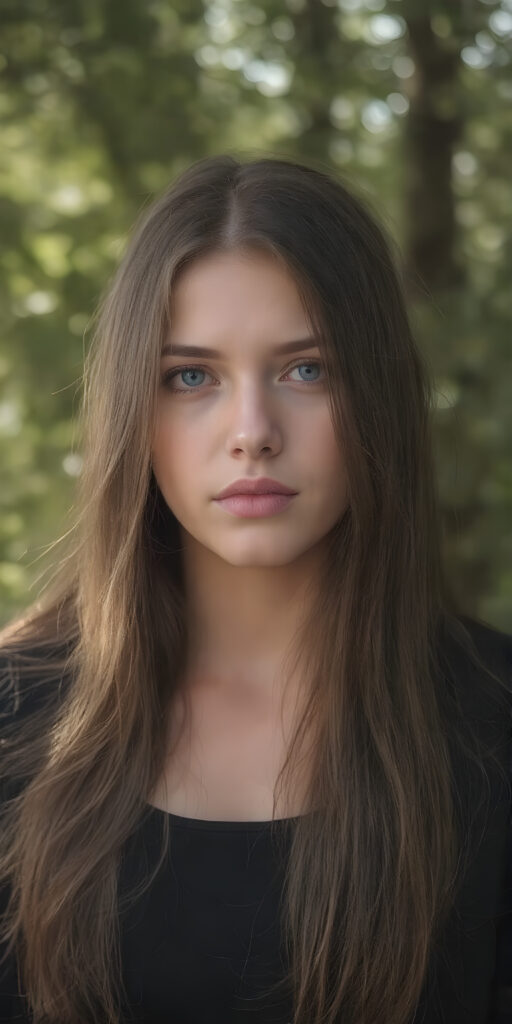 a breathtakingly beautiful (((full body portrait))), showcasing a young gothic woman, long straight hair, the woman exudes an air of playful imagination and creativity, perfectly capturing the essence of a dreamlike beauty. Full body view all against a sunny green backdrop in nature