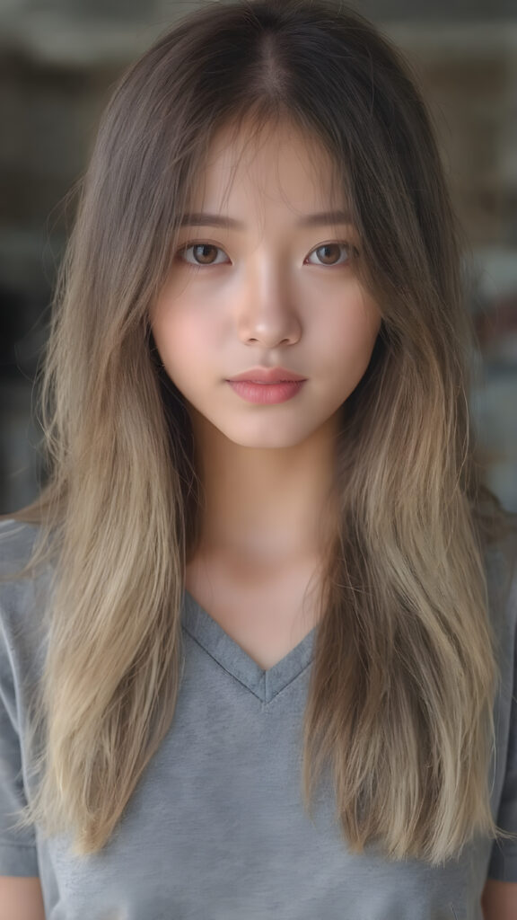 a breathtakingly beautiful (((full body portrait))), showcasing a young Japanese girl with luxuriously long, flowing shiny hair, framing her face as she gazes into the camera, their ethereal tips creating a whimsical pop of color contrast to her overall look. She's dressed in a (((grey t-shirt, deep v-neck))), which add a hint of warmth and glamour to her ensemble, the lady exudes an air of playful imagination and creativity, perfectly capturing the essence of a dreamlike beauty. Full body view.